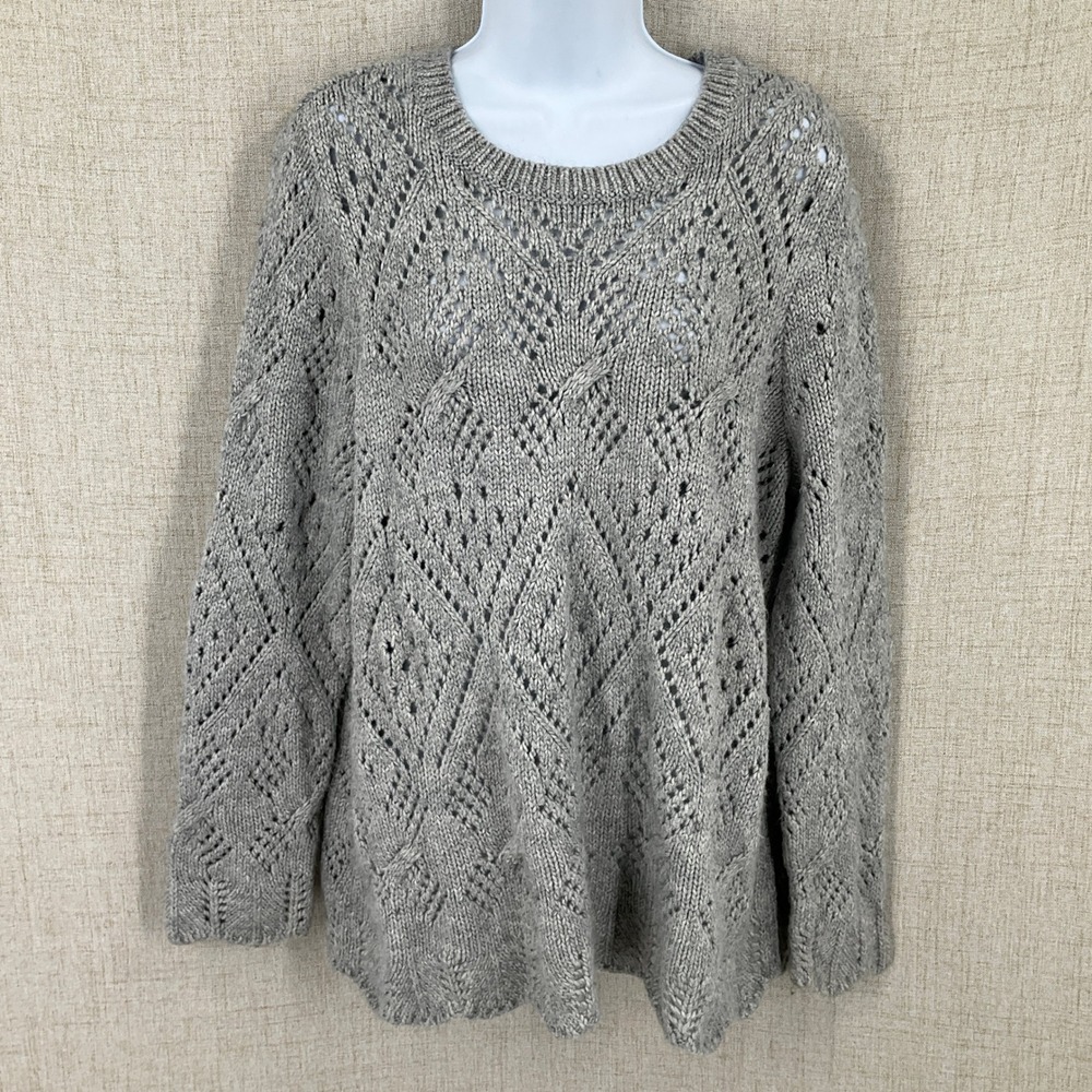 LOFT Sweater Women XL Gray Knit Pointelle Diamond Cable Pullover Boho Cottage